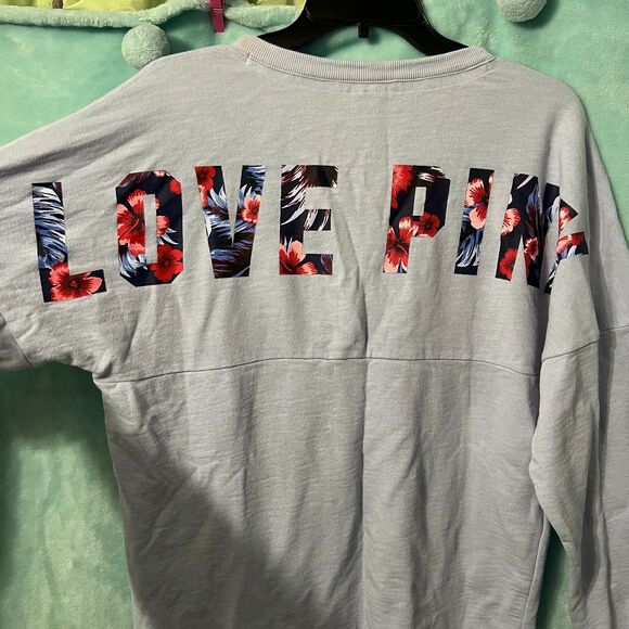 VS PINK Tropical Floral Lace Up Varsity Crew Sweater Long Sleeve Blue Large - Picture 2 of 5